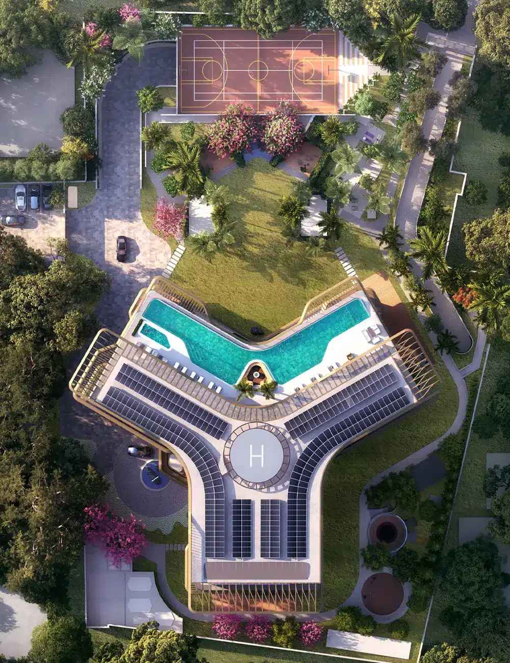 Aerial view of 27 Summit showing boomerang shaped rooftop pool and lush greeneries around the building