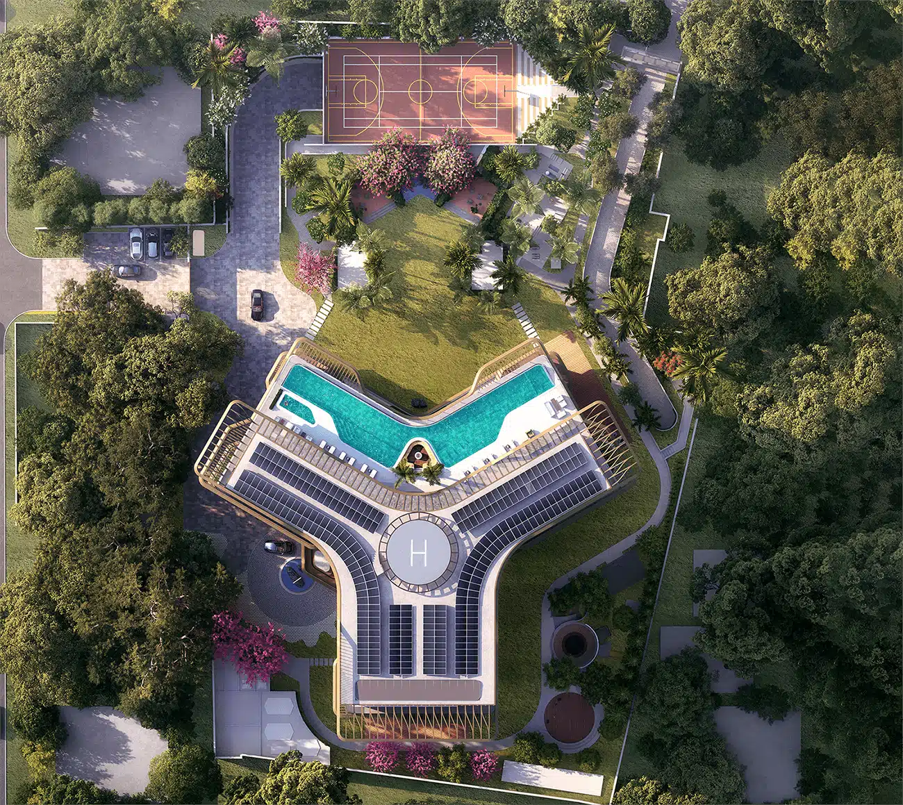 Aerial view of 27 Summit showing boomerang shaped rooftop pool and lush greeneries around the building