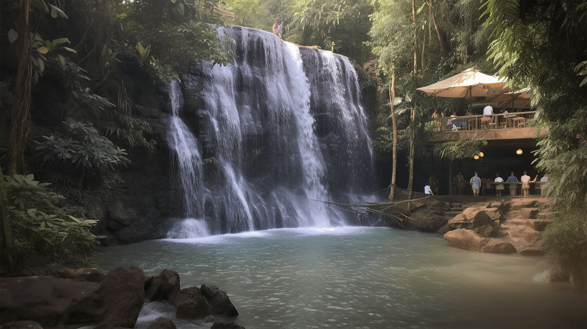 Alfresco dining by the waterfall at Eco Destination