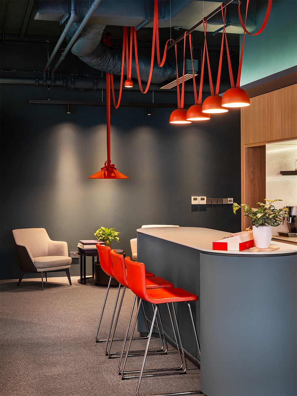 SOG design Telok Ayer Office - pantry area with terracotta feature lights